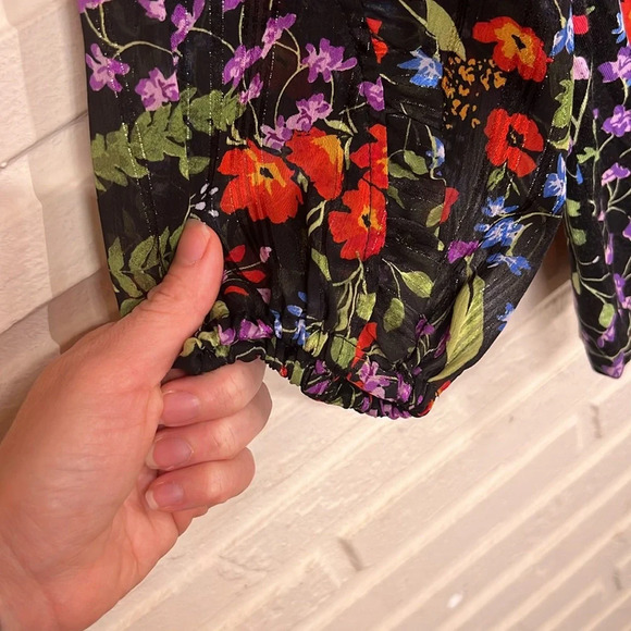 Maeve Black Floral Metallic Mixed Media Balloon Sleeves Top, Women’s Size Small - Picture 5 of 9